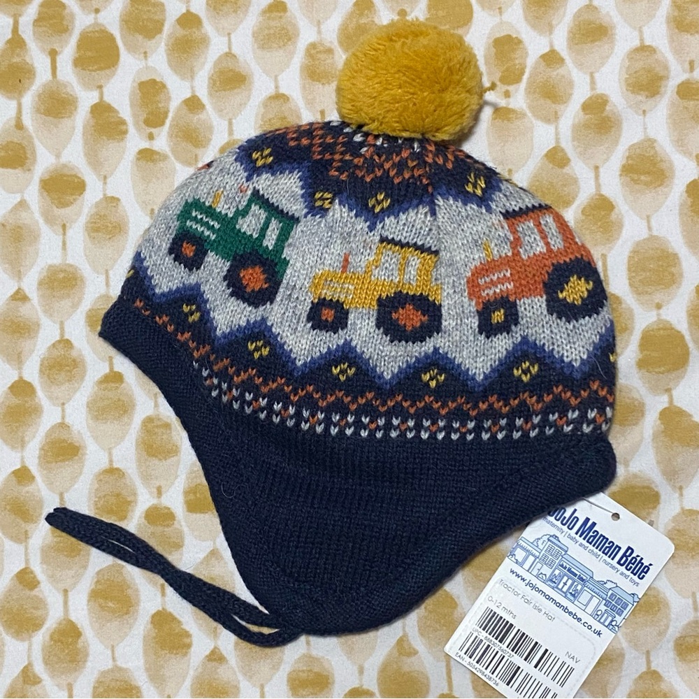 JoJo Maman Bebe Navy Tractor Fair Isle Bobble Hat 0-12 Months NWT Wool Blend